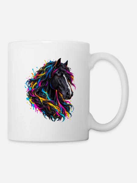 Schwarzes Pferd – Bunte Neon Graffiti Kunst - Tasse - Weiß
