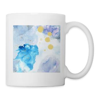 Azurblaue Aquarellblüte mit Goldspritzern - Tasse - Weiß - Rechts