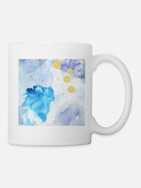 Azurblaue Aquarellblüte mit Goldspritzern - Tasse - Weiß