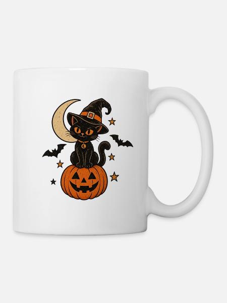 Magische Halloween Katze & Kürbis - Tasse - Weiß