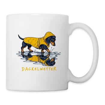 Dackelwetter Dackel in gelbem Regenponcho - Tasse - Weiß - Rechts
