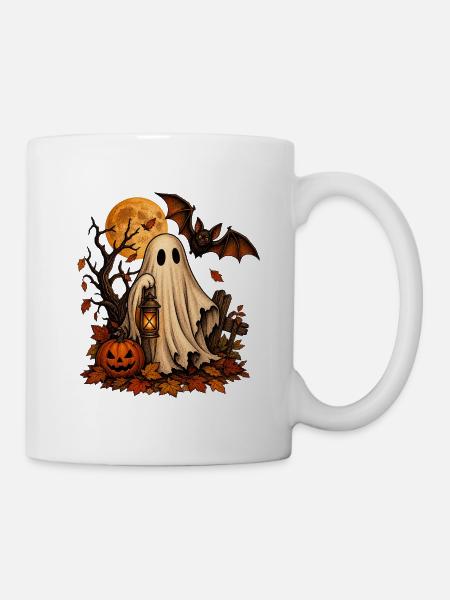 Vintage Halloween: Geist, Kürbis und Fledermaus - Tasse - Weiß