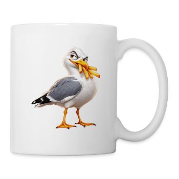 Freche Möwe stiehlt Chips – lustiger Meeresvogel - Tasse - Weiß - Rechts