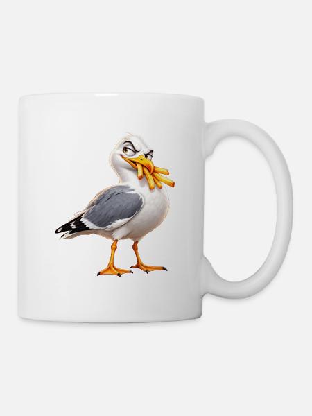 Freche Möwe stiehlt Chips – lustiger Meeresvogel - Tasse - Weiß