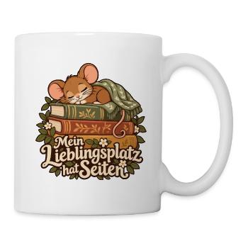Mein Lieblingsplatz am Bücherstapel - Tasse - Weiß - Rechts