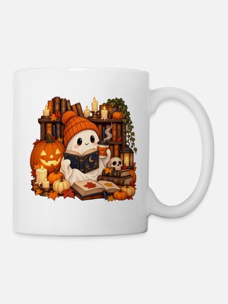 Gemütlicher Halloween-Bibliotheksgeist - Tasse - Weiß