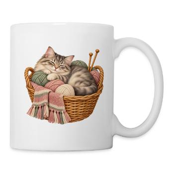 Schlafende Katze im Wollkorb – Stricken Geschenk - Tasse - Weiß - Rechts