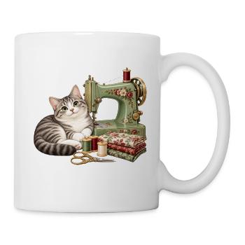 Katze an Vintage Nähmaschine – Nähen Geschenk - Tasse - Weiß - Rechts