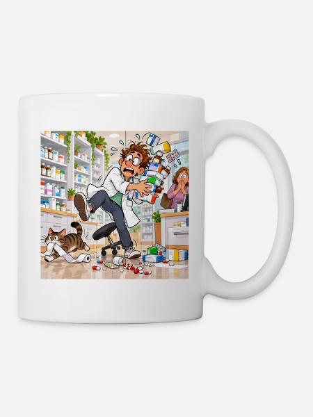 Apotheker im Chaos: Medikamenten-Turm - Tasse - Weiß