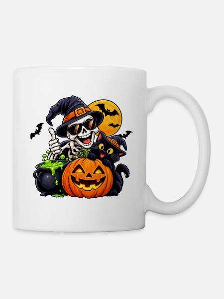 Halloween Skelett Hexenkatze Kürbis - Tasse - Weiß