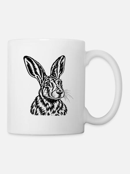 Feldhase – Detaillierte Schwarz Weiß Gravur - Tasse - Weiß