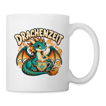 Drachenzeit – Drache mit warmer Tasse - Tasse - Weiß - Rechts