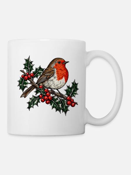 Rotkehlchen auf Stechpalmenzweig - Tasse - Weiß