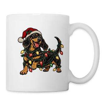Weihnachtsdackel mit Lichterketten - Tasse - Weiß - Rechts