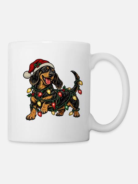 Weihnachtsdackel mit Lichterketten - Tasse - Weiß