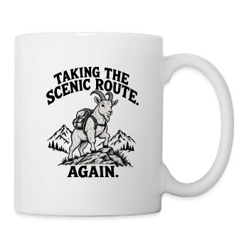 Wieder die landschaftlich reizvolle Route nehmen – lustige wandernde Ziege - Tasse - Weiß - Rechts