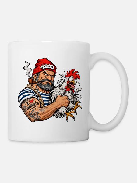 Seemann mit Hahn Karikatur - Tasse - Weiß