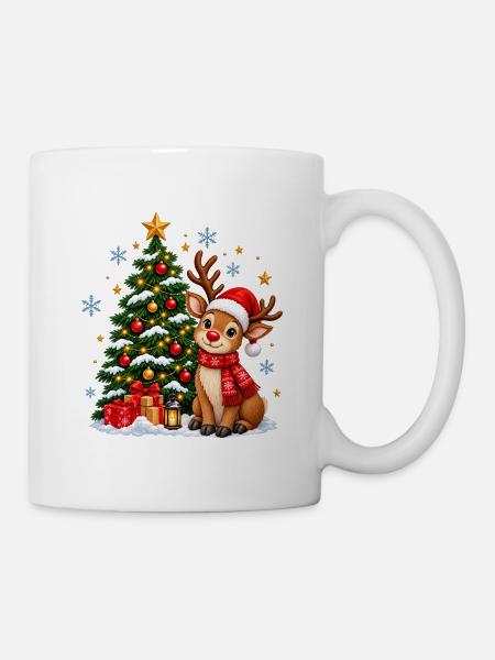 Winterwald Rentier am Weihnachtsbaum - Tasse - Weiß