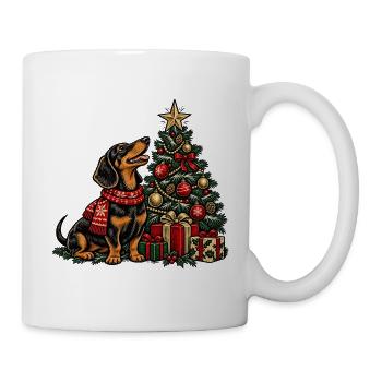 Dackel und Weihnachtsbaum Szene - Tasse - Weiß - Rechts