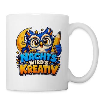 Nachts wird’s kreativ – Eule mit Bleistift - Tasse - Weiß - Rechts