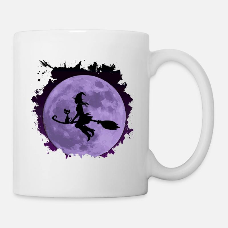 Sorcière avec chat doux « Catrina » sur balai avec la lune - Mug blanc - blanc