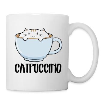 Lustige niedliche Katze auf einem Becher mit Kaffee - Catpuccino - Tasse - Weiß - Rechts