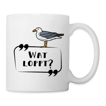 Wat löppt Möwe Plattdeutsch Küste Schriftzug - Tasse - Weiß - Rechts