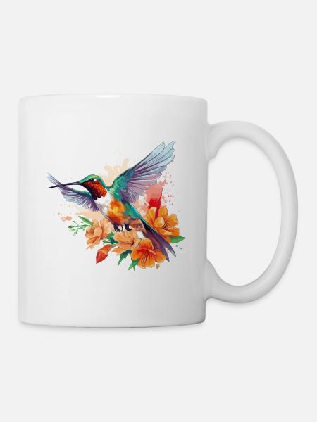 Colibri Fleurs Oiseau Animal Art Aquarelle Coloré - Mug blanc - blanc