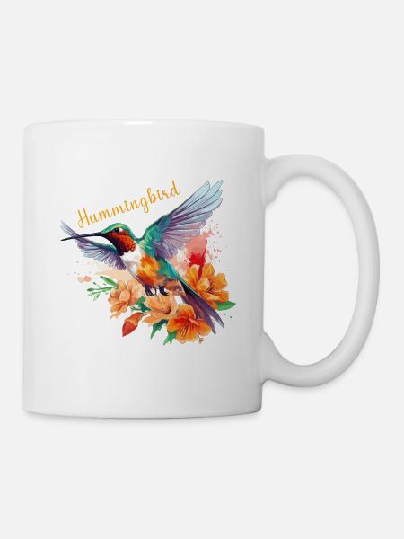 Colibri Fleurs Oiseau Animal Art Aquarelle Coloré - Mug blanc - blanc