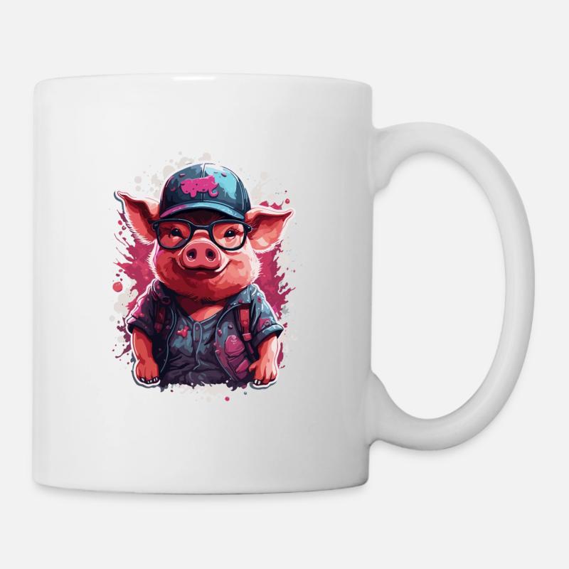Schwein kultiviert niedlich in Baseballkappe und Sonnenbrille - Tasse - Weiß
