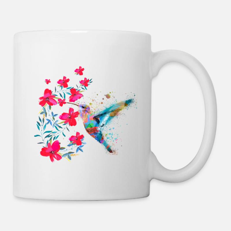 Colibri, Graffiti, Peinture, Aquarelle, Oiseau, Fleurs - Mug blanc - blanc