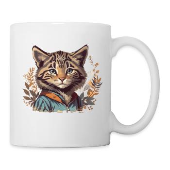 Eine Wildkatze mit Jacke und Blumen - Tasse - Weiß - Rechts