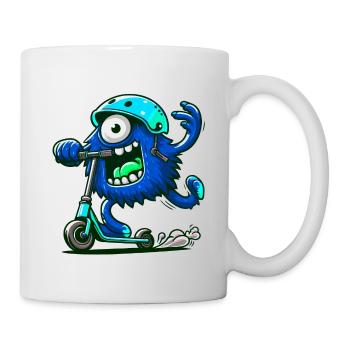 niedliches lustiges blaues Monster auf Escooter - Tasse - Weiß - Rechts