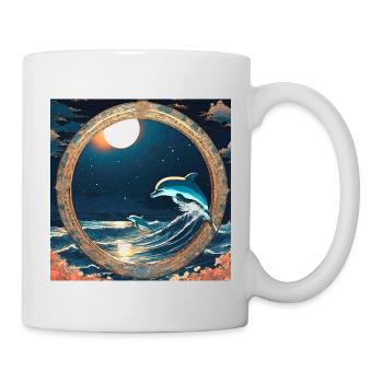 Delfine,Anime stil, welle,nacht,kreis,gold,malerei - Tasse - Weiß - Rechts