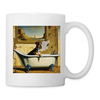Dog reading newspaper in bathroom ,retro look - Mug - white - Right