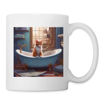 Katze in der Wanne, Zeitung lesen,retro - Tasse - Weiß - Rechts