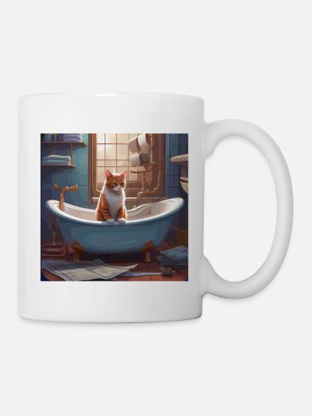 chat dans la baignoire, lecture de journaux, rétro - Mug blanc - blanc