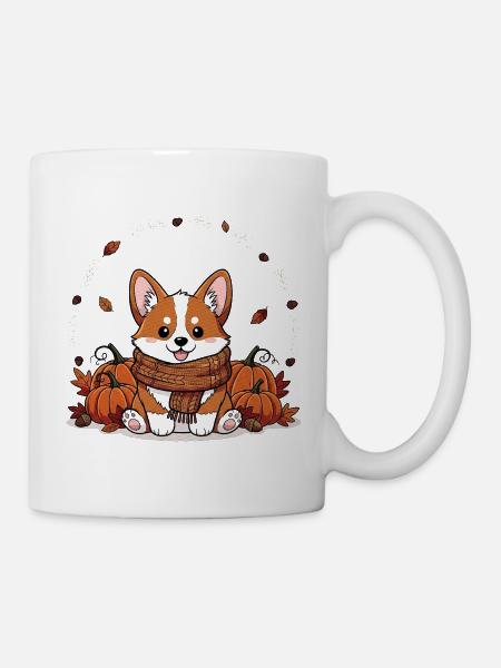 Cute Autumn Corgi with Pumpkin Decor - Mug - white