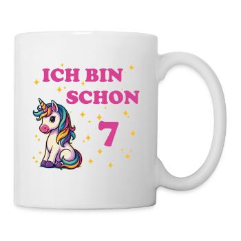 Kindergeburtstag 7, Tanzendes Lustiges Einhorn - Tasse - Weiß - Rechts