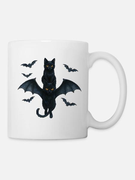 Schwarze Katzen mit Fledermausflügel Halloween - Tasse - Weiß