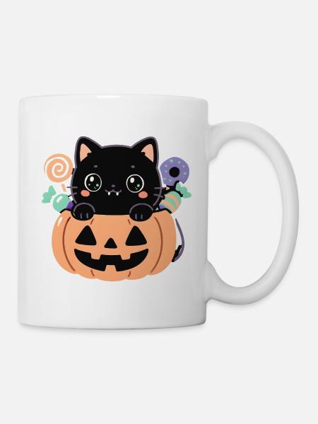 Schwarzes Kätzchen in Kawaii Halloween Kürbis - Tasse - Weiß