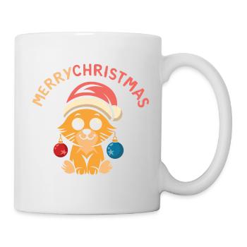 Süße Weihnachtskatze mit Mütze und Kugeln - Tasse - Weiß - Rechts