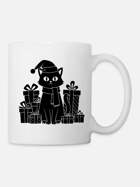 Weihnachtskatze zwischen Geschenken - Tasse - Weiß