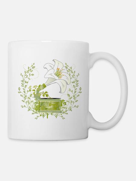 Lilien-Grammophon – florales Musikmotiv in Grün - Tasse - Weiß