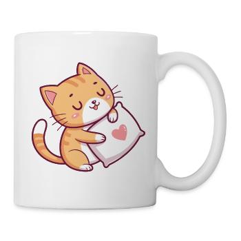 Kuschelige Katze auf Herz-Kissen - Tasse - Weiß - Rechts