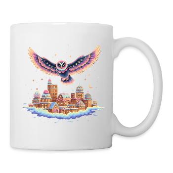 Pastel owl flight over cloud city - Mug - white - Right