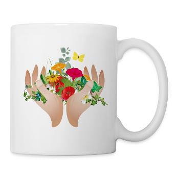Deux mains protectrices tenant de nombreuses fleurs - Mug blanc - blanc - Droite