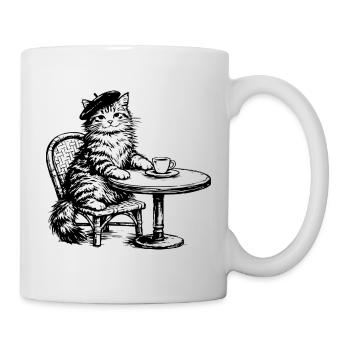 Chat avec béret dans un café au design rétro - Mug blanc - blanc - Droite