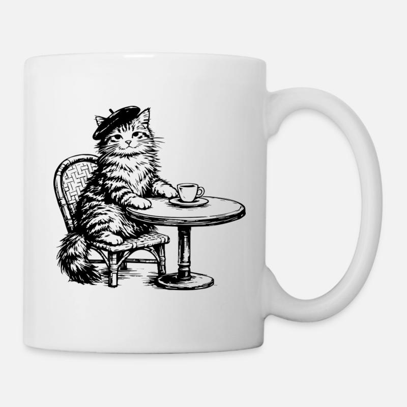 Katze mit Baskenmütze im Café Retro Design - Tasse - Weiß
