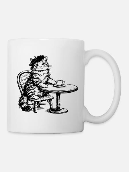 Cat with Coffee Beret - Retro Vintage Design - Mug - white